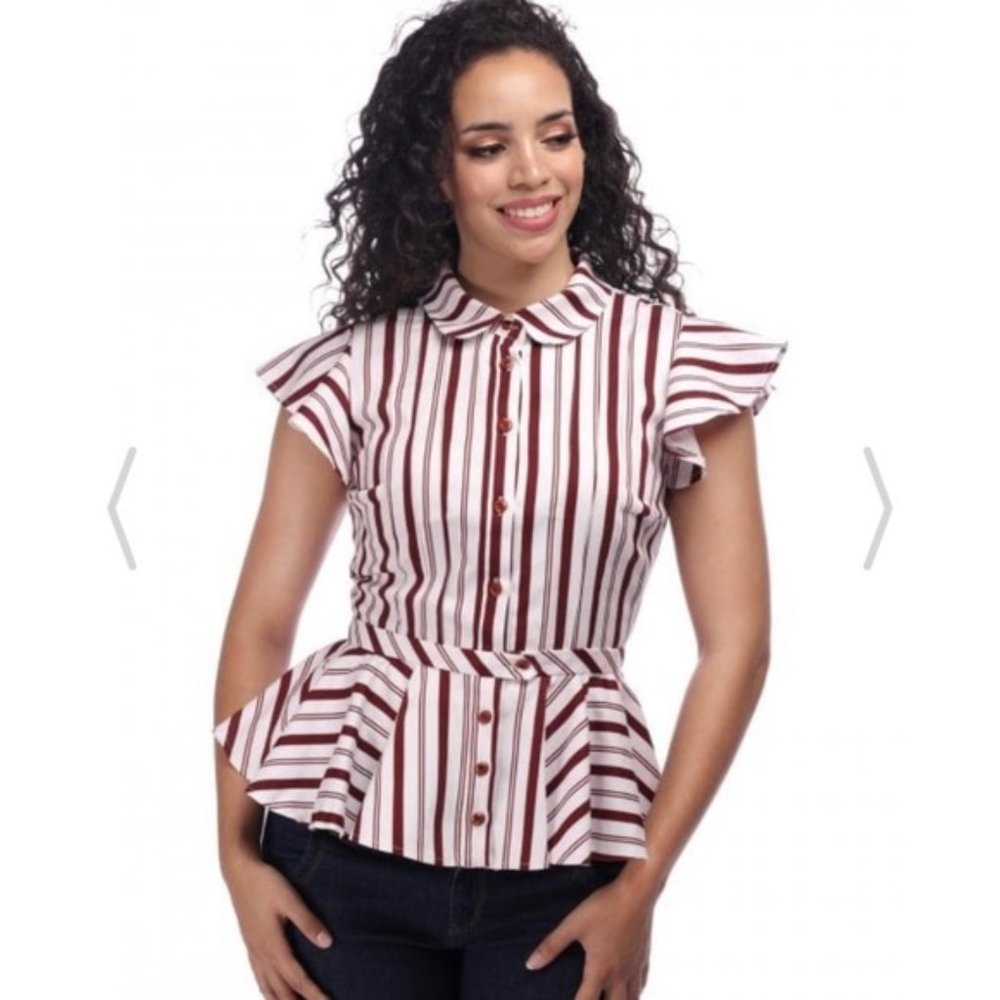 SOLD UK 12/US 8 Collectif "Charlotte" maroon & white striped peplum top